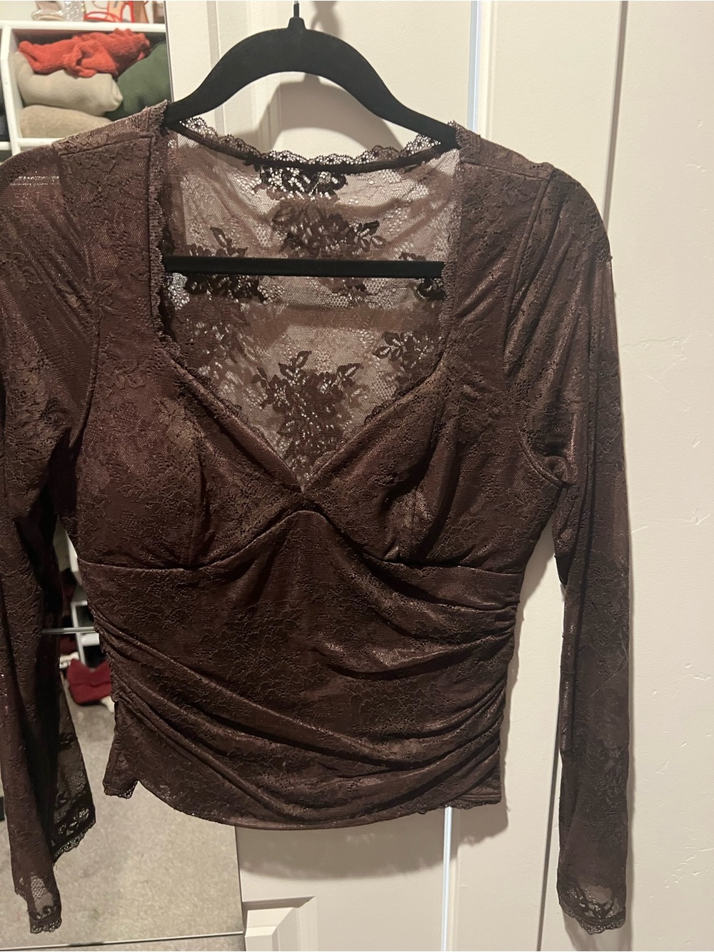 Abercrombie & Fitch Brown Lace-Trim V-Neck Top
